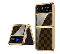 COQUE Galaxy Z Flip 4 5G,étui pour téléphone Portable Ultra Mince en Verre 9H Peinte Brillante,Housse de téléphone Pliable pour Samsung Galaxy Z Flip 4 5G-Marron à Carreaux