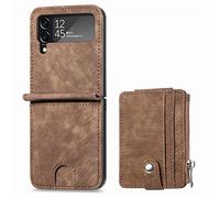 COQUE Galaxy Z Flip 4,Étui de téléphone Ultra-Fin en Cuir Souple avec Fente pour Carte et chaîne avec Fonction de Support, de téléphone Pliable pour Samsung Galaxy Z Flip 4 5G-Marron