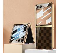 COQUE Galaxy Z Flip 5 5G,étui pour téléphone Portable Ultra Mince en Verre 9H Peinte Brillante,Housse de téléphone Pliable pour Samsung Galaxy Z Flip 5 5G-Marron à Carreaux