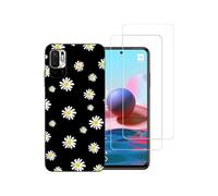 NOVAGO Compatible avec Xiaomi Redmi Note 10 5G/Poco M3 Pro/Poco M3 Pro 5G - Pack 2 en 1-Coque Souple Solide Anti Choc avec Impression + 2 Films Protection écran Verre trempé résistant(Fleurs Noires)