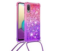 Coque Glitter Liquide Compatible pour Samsung Galaxy A02/M02 avec Cordon Collier Réglable, Brillante Paillette Quicksands Case Housse, Silicone Antichoc Lanyard Protection Bumper pour Smartphone