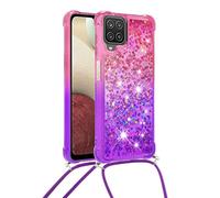 Coque Glitter Liquide Compatible pour Samsung Galaxy A12 / M12 avec Cordon Collier Réglable, Brillante Paillette Quicksands Case Housse, Silicone Antichoc Lanyard Protection Bumper pour Smartphone