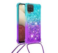 Coque Glitter Liquide Compatible pour Samsung Galaxy A12 / M12 avec Cordon Collier Réglable, Brillante Paillette Quicksands Case Housse, Silicone Antichoc Lanyard Protection Bumper pour Smartphone