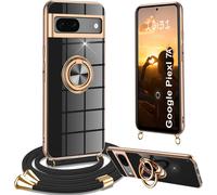 Coque Google Pixel 7a Noire - Housse Antichoc Avec Cordon/Sautoir Amovible, Anneau Rotatif 360° Béquille Et Support Magnétique, Bandoulière Réglable