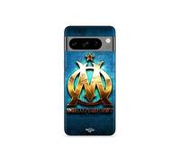 Coque Google Pixel 8 Pro OM dorée brilant droit au but fond bleu