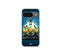 Coque Google Pixel 9 OM dorée brilant droit au but fond bleu