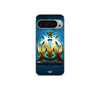 Coque Google Pixel 9 Pro OM dorée brilant droit au but fond bleu