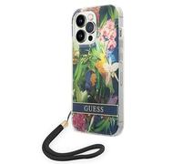 Coque Guess à bandoulière fleurie bleue pour iPhone 14 Pro Max