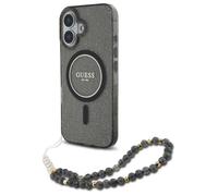 Coque Guess IML Glitter avec bracelet en perles MagSafe pour iPhone 16 (Noir)