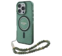Coque Guess IML Glitter avec bracelet en perles MagSafe pour iPhone 16 Pro Max (verte)