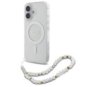 Coque Guess IML Glitter avec bracelet nacré MagSafe pour iPhone 16 Plus (transparente)