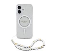 Coque Guess IML Glitter MagSafe avec dragonne de perles pour iPhone 16 Plus - Clear