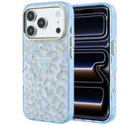 Coque Guess IML Leopard Glitter Triangle Logo MagSafe pour iPhone 18 Pro Max / 17 Pro Max, bleue