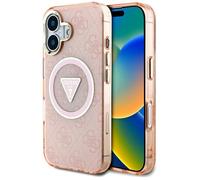 Coque Guess IML Metal Glitter 4G Circle Triangle MagSafe pour iPhone 16 - Pink