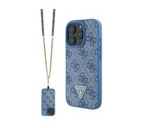 Coque Guess Leather Metal Logo Strass Crossbody avec cordon pour iPhone 16 - Blue