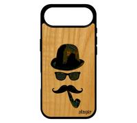 Coque Homme Moustache Pour Iphone 17 Air Vrai Bois Silicone Original Street Art Pipe Personnalisé Peinture Art Chapeau Melon Vert