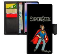 Coque Honor 7a Cuir Porte Cartes Super Geek Noir Jeux Video Humour Heros Etui Gamer Comics Drole Antichoc Play Flip Case Console Bd