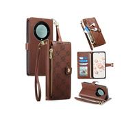 Coque Honor Magic 5 Lite Etui portefeuille Cuir PU Fentes Cartes Poche Zip Dragonne Flip Marron
