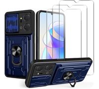 Coque Honor X7a Bumper Renforcée Anti¿Choc + 3 Verres Trempés, Cache Caméra Coulissant, Anneau Rotatif 360°/Béquille, Plaque Magnétique Et Porte¿Cartes ¿ Bleu