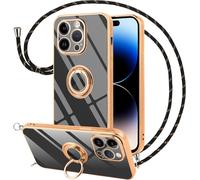 Coque/Housse Iphone 14 Pro 6,1'' Tpu Souple Antichoc Avec Cordon Bandoulière, Bague Rotative 360° Et Finition Galvanisée Métallique - Noir