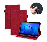 Coque Huawei Mediapad T3 10, Lspcase Etui Huawei Tablette T3 9.6 Pouces Housse en Cuir Flip Stand Portefeuille Porte-Stylo et Carte Slot Case Cover pour Huawei Mediapad T3 10 9.6" Mandala Fleur Rouge