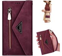 Coque Huawei P30 Étui à Rabat en Cuir,Sac à Bandoulière Fermeture éclair Portefeuille Housse de Protection avec Cordon Étui Housse Cuir PU Folio Flip Case Wallet avec Fonction Stand,Rouge