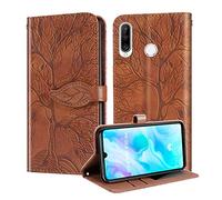Coque Huawei P30 Lite, Portefeuille P30 Lite, P30 Lite Nouvelle édition Smartphone Life Tree Cave Pattern Housse en Cuir avec Support Rabattable/Fermeture magnétique et Poche pour Cartes Marron