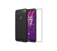 - Coque Huawei Y7 2018 Housse Etui Gel Motif Fibre Carbone Luxe Flex TPU Premium, Noir + Film protection écran en VERRE Trempé [Dimensions PRECISES