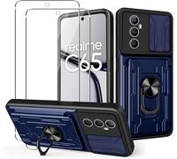 Coque Hybride Pour Realme C65 - Protection Antichoc Pc/Tpu, Cache Caméra Coulissant, Support Rotatif, Emplacement Carte + Verre Trempé 9h, Bleu