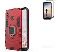 Coque hybride renforcée Huawei P20 Lite + vitre trempée 9H, anneau rotatif 360° compatible support aimanté - Rouge