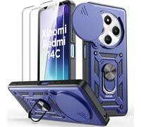 Coque Hybride Tpu+Pc Bleue Pour Xiaomi Redmi 14c / Poco C75 - 2 Verres Trempés, Cache Caméra Coulissant, Anneau Rotatif 360° Et Protection Anti-Chocs