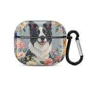 Coque intégrale pour écouteurs Bluetooth Border Collie Florals - Protection intégrale contre les chocs - Coque rigide - Prend en charge le chargement sans fil avec porte-clés - Cadeau personnalisé