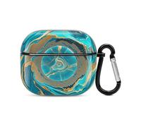 Coque intégrale pour écouteurs Bluetooth en marbre bleu turquoise et or - Protection intégrale contre les chocs - Coque rigide avec chargeur sans fil avec porte-clés - Cadeau personnalisé pour AirPods