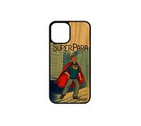 Coque iPhone 12 mini en bois silicone super papa texte drole antichoc heros enfant comique case père bleu comics bumper humour