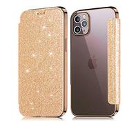 Coque iPhone 12 Mini Luxe Bling en Cuir PU Premium Housse à Rabat Portefeuille Transparente Crystal Clair TPU Silicone Ultra Mince Antichoc Sparkle Brillant pour iPhone 12 Mini (Or)