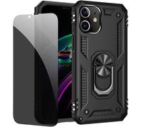 Coque Iphone 12 Noire Antichoc + Verre Trempé Confidentialité Anti-Espion, Anneau Rotatif 360° Magnétique Compatible Support Voiture