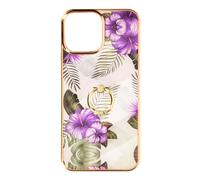 Coque pour iPhone 12 Pro Max Bi-matière avec Bague de Maintien à Strass Effet Bijou Motif Fleurs Violet