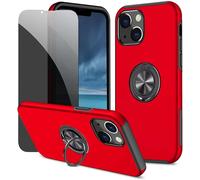 Coque Iphone 13 Mini Rouge - Verre Trempé Privacy 9h Anti-Espion, Dos Pc + Silicone Antichoc, Bords Surélevés, Support Anneau Rotatif 360° Magnétique, Résistant Aux Rayures