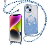 Coque Iphone 14 Plus Paillettes Magnétique Compatible Magsafe - Tpu Antichoc Anti¿Rayures, Anneau Magnétique Intégré & Dragonne Nylon, Dos Brillant Amovible, Bleu
