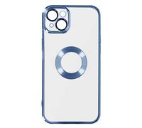 Coque iPhone 14 Silicone Bloc Caméra Couvert Transparent Contour bleu Chromé