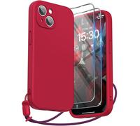 Coque Iphone 15 (6,1"") Silicone Liquide Rouge - Housse Antichoc 4 Couches Avec Microfibre, Protection Caméra & Écran, 2 Verres Trempés + Dragonne