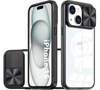 Coque Iphone 15 Avec Cache Caméra Coulissant - Protection Antichoc Anti-Rayures, Bords Tpu & Dos Pc, Anneau Support Et Fixation Magnétique - Noir