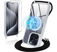 Coque Iphone 15 Pro (6,1'') Transparente Magnétique Compatible Magsafe Avec Lanière Tour De Cou + 2 Protections Écran En Verre Trempé - Noir