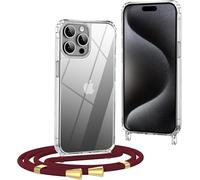 Coque Iphone 15 Pro Max 6,7'' Avec Cordon Et Lanière Réglable ¿ Antichoc Antirayures 360°, Tour De Cou Détachable, Vin Rouge, Compatible Recharge Sans Fil/Magsafe