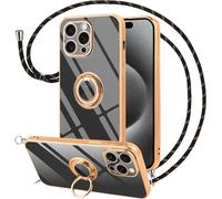 Coque Iphone 15 Pro Max 6,7'' Silicone Souple Noire Avec Cordon Tour De Cou Et Anneau Support 360° Plaqué Or - Protection Complète