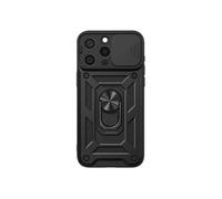 Coque iPhone 15 Pro Max - Antichoc - Cache Objectif Coulissant - Anneau Support Magnétique - Noir