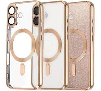 Coque Iphone 16 Plus Compatible Magsafe - Tpu Silicone Transparente Pailletée Avec Carte Scintillante, Anti-Choc Et Contour Doré