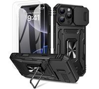 Coque Iphone 16 Pro + 2 Protecteurs D'écran, Protection Militaire, Anneau Support 360° Et Cache Caméra Coulissant - Noir