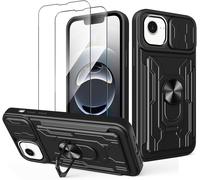 Coque Iphone 16e Antichoc Pc+Tpu Avec Verre Trempé 9h, Cache Caméra Coulissant, Emplacement Carte & Support Rotatif Magnétique - Noir