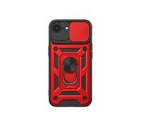 Coque iPhone 16e Cache Caméra Coulissant Bague Magnétique Antichoc Rouge/Noir